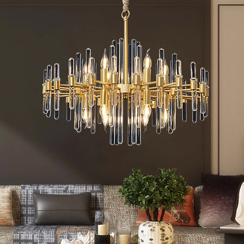 Metallic stralende kroonluchterverlichting Minimalistische gouden hanglamp met kristallen staafdecor Clearhalo