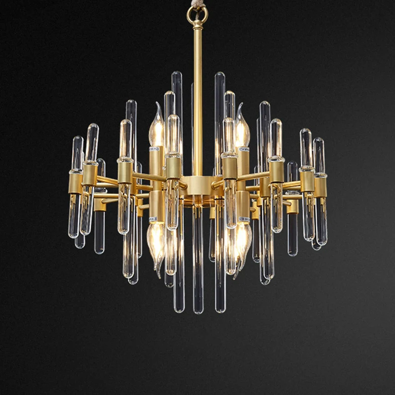 Metallic stralende kroonluchterverlichting Minimalistische gouden hanglamp met kristallen staafdecor Clearhalo
