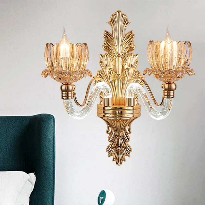 Mid Century Floral Sconce Lamp Armatuur 2 Lichten Geribbeld Glazen Wandmontage Licht Goud Clearhalo
