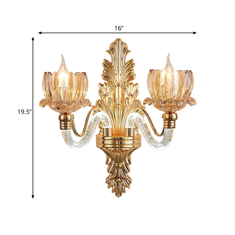 Mid Century Floral Sconce Lamp Armatuur 2 Lichten Geribbeld Glazen Wandmontage Licht Goud Clearhalo