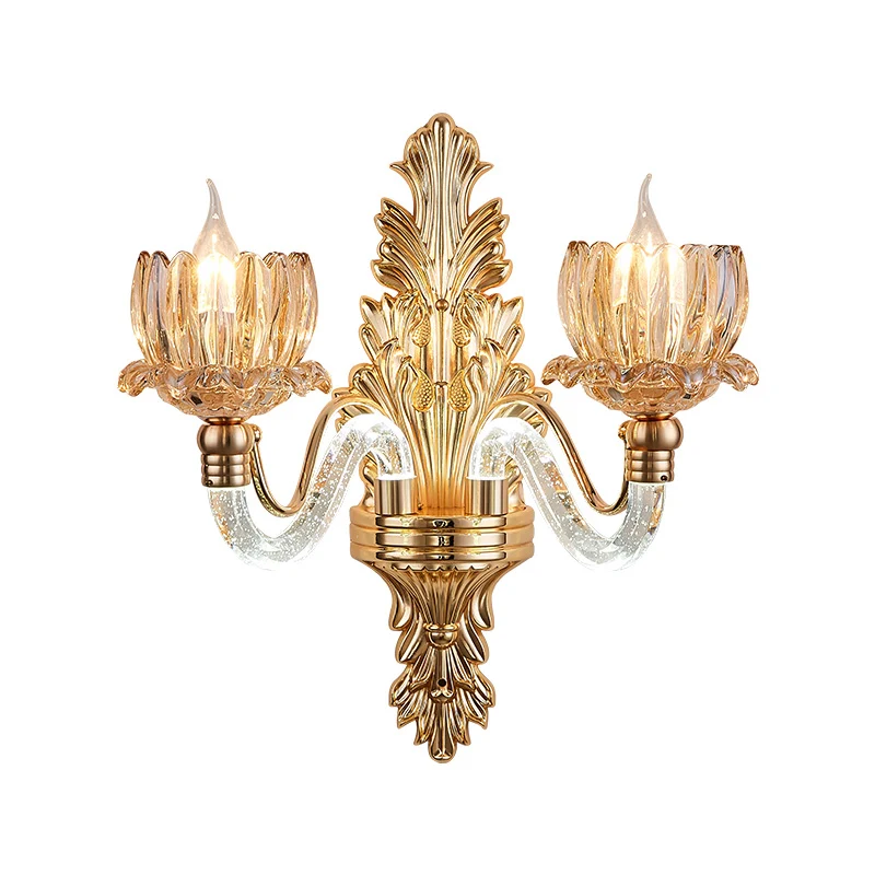 Mid Century Floral Sconce Lamp Armatuur 2 Lichten Geribbeld Glazen Wandmontage Licht Goud Clearhalo