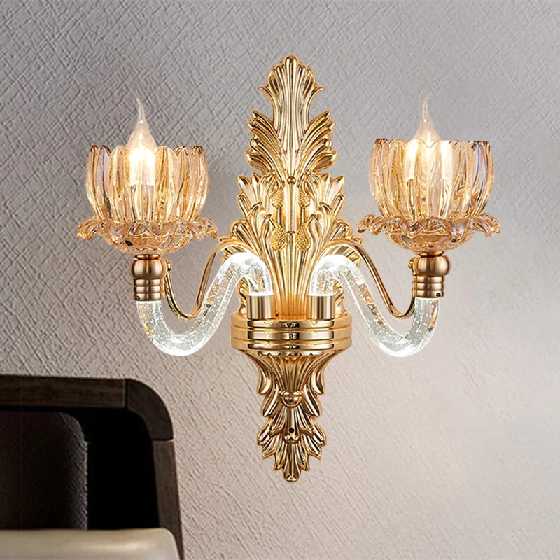 Mid Century Floral Sconce Lamp Armatuur 2 Lichten Geribbeld Glazen Wandmontage Licht Goud Clearhalo
