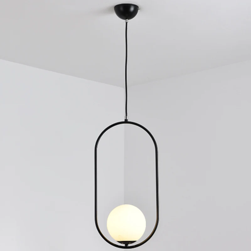 Mid-Century Design Globe Hanglamp Witte Glazen Kap Hanglamp met Metalen Ring Clearhalo