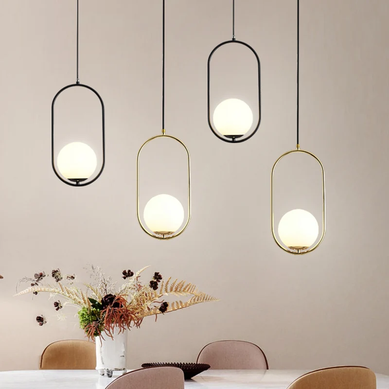 Mid-Century Design Globe Hanglamp Witte Glazen Kap Hanglamp met Metalen Ring Clearhalo