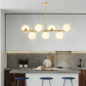 Mid-Century Gold Island hanglamp 7-lichts bolvormig glazen eilandplafondlicht voor eettafel Clearhalo