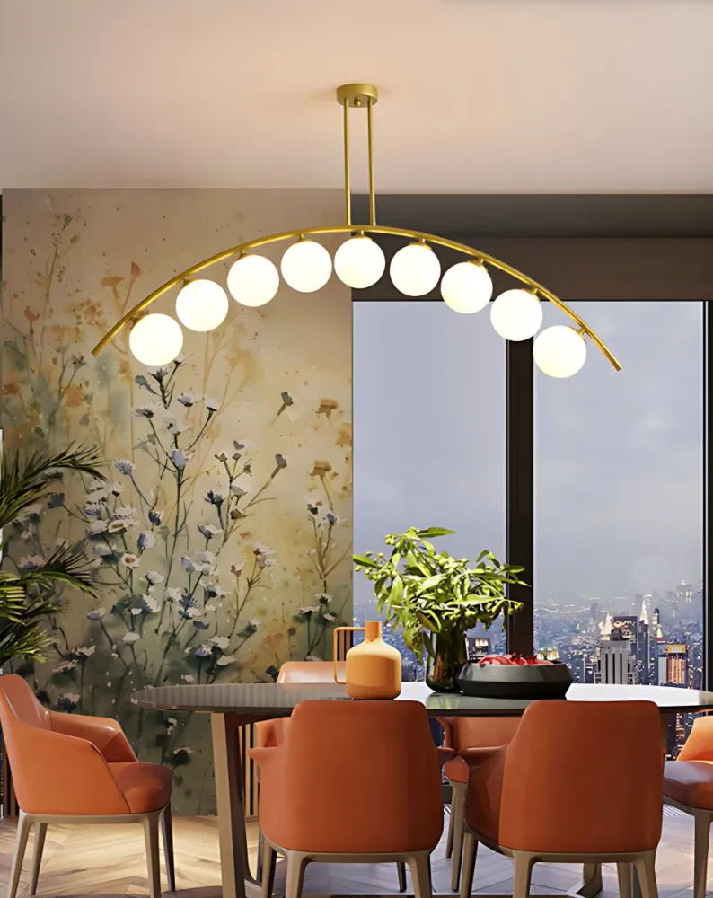 Mid-Century moderne gouden metalen eiland hanglamp bolvormige glazen eilandplafondlamp voor eettafel Clearhalo