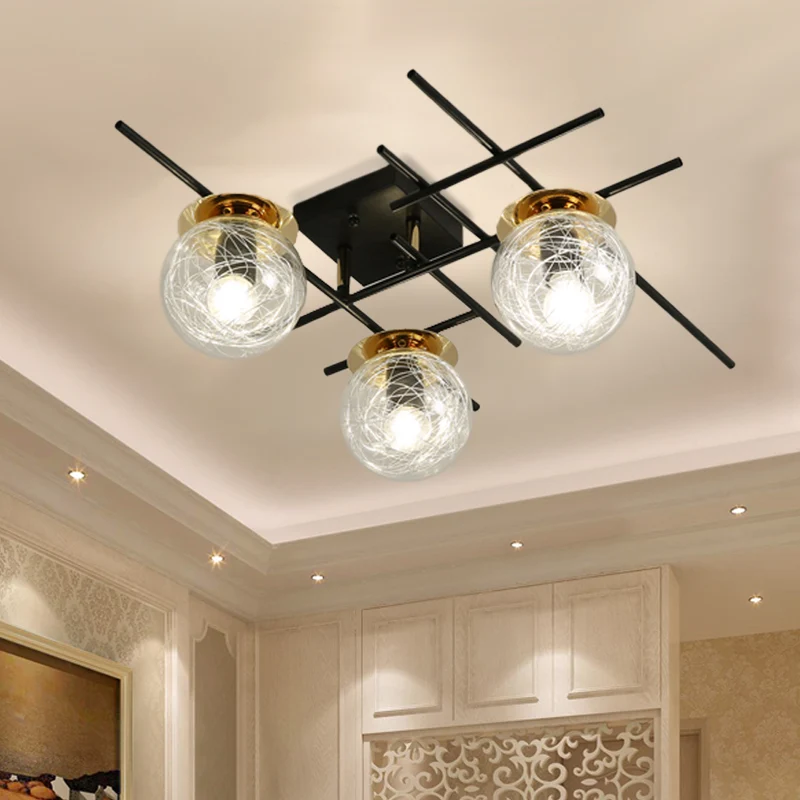 Minimaal 3 koppen semi-inbouwlicht met helder/rookgrijs glazen kap Zwarte bal dicht bij plafondlamp voor slaapkamer Clearhalo