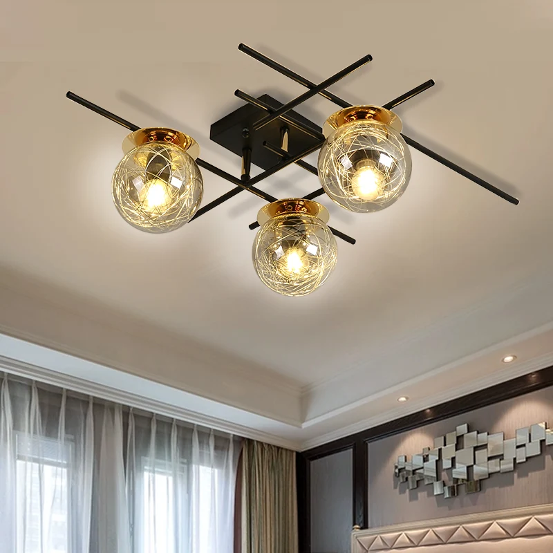 Minimaal 3 koppen semi-inbouwlicht met helder/rookgrijs glazen kap Zwarte bal dicht bij plafondlamp voor slaapkamer Clearhalo