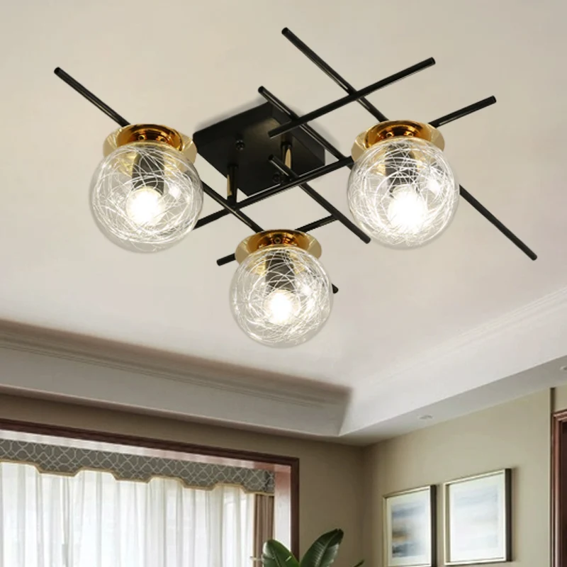 Minimaal 3 koppen semi-inbouwlicht met helder/rookgrijs glazen kap Zwarte bal dicht bij plafondlamp voor slaapkamer Clearhalo