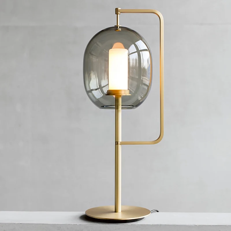 Minimale ovale tafellamp rookglas 1-kops eetkamer nachtkastje met haakse arm Clearhalo