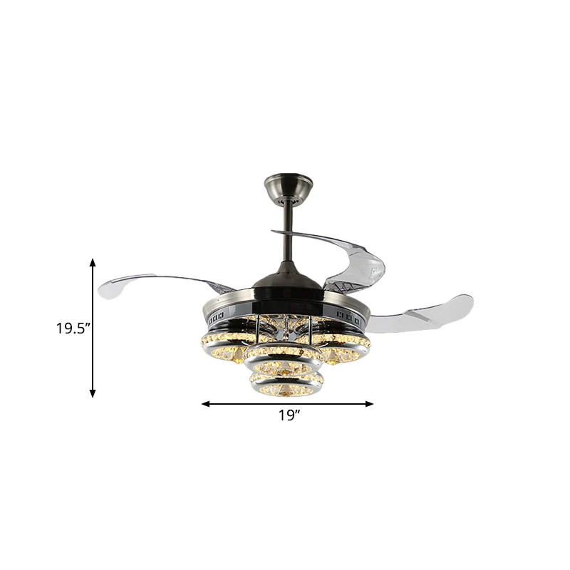 19" W Minimalisme LED-hangende ventilator, lichtnikkeldonut, 4 bladen, half vlak met metalen kap Clearhalo