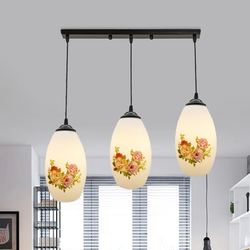 Minimalisme ovale multi-lamp hanger 3 koppen wit matglas hanglamp zwart met lineaire/ronde luifel Clearhalo