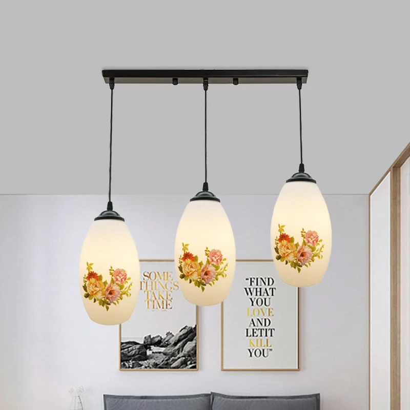 Minimalisme ovale multi-lamp hanger 3 koppen wit matglas hanglamp zwart met lineaire/ronde luifel Clearhalo