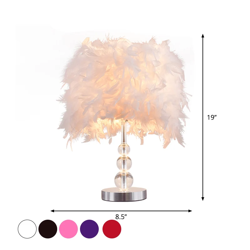 Minimalistisch cilindernachtlampje Feather 1-hoofdslaapkamertafellamp rood/roze/paars met bellenkristallen sokkel Clearhalo