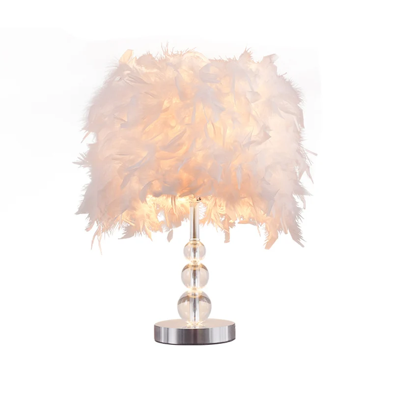 Minimalistisch cilindernachtlampje Feather 1-hoofdslaapkamertafellamp rood/roze/paars met bellenkristallen sokkel Clearhalo