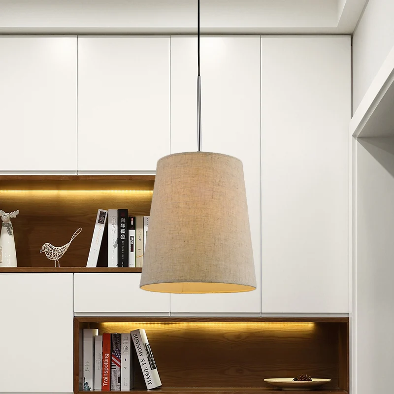 Minimalistische 1-lichts hangende vlassen taps toelopende slingerlamp met stoffen lampenkap Clearhalo