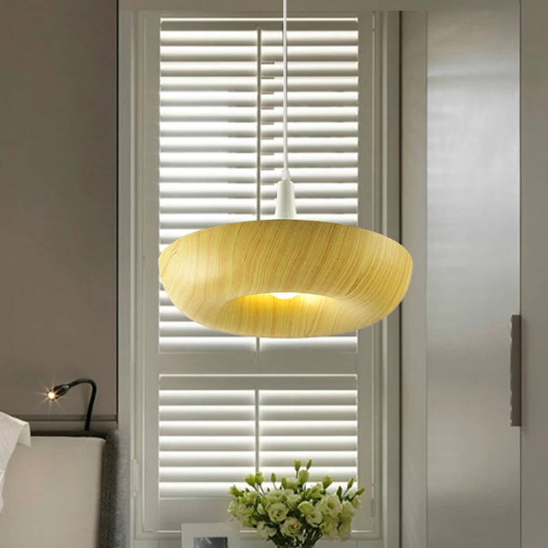 Minimalistische donut hanglamp aluminium enkele woonkamer hanglamp beige met houtnerftextuurontwerp Clearhalo