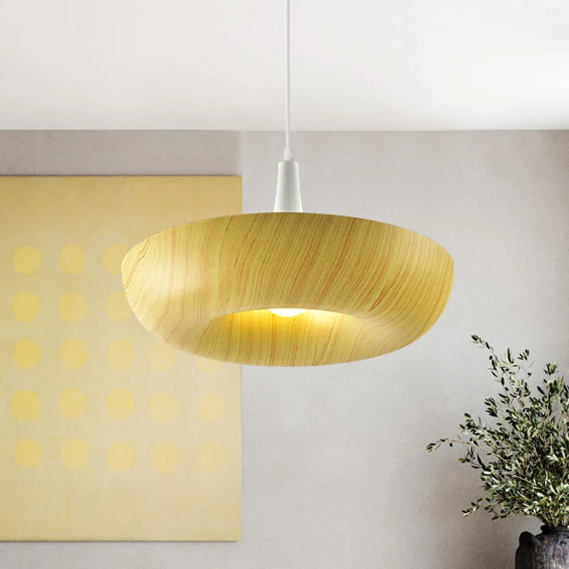 Minimalistische donut hanglamp aluminium enkele woonkamer hanglamp beige met houtnerftextuurontwerp Clearhalo