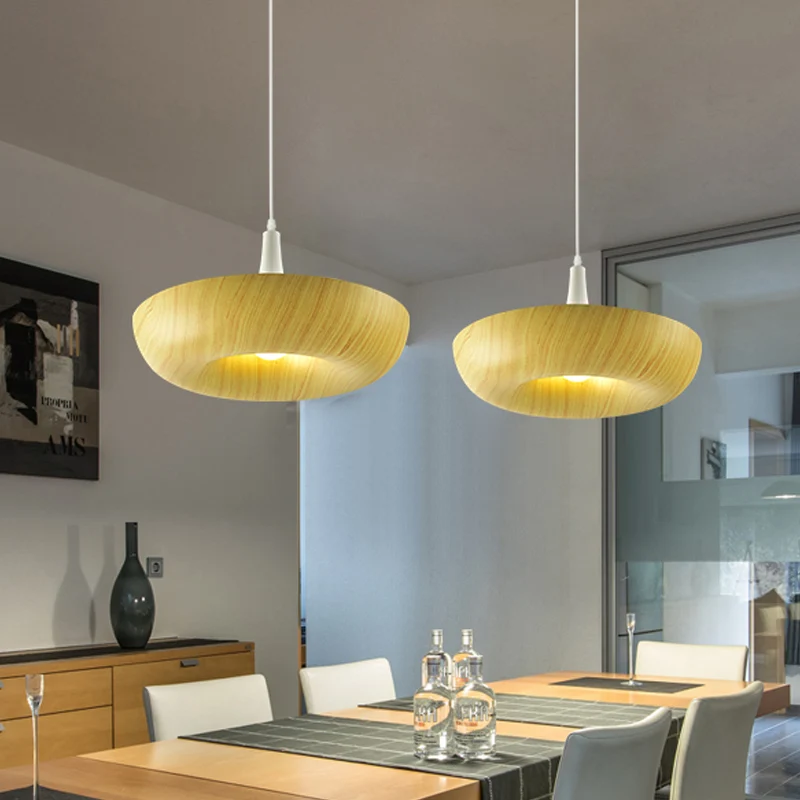 Minimalistische donut hanglamp aluminium enkele woonkamer hanglamp beige met houtnerftextuurontwerp Clearhalo