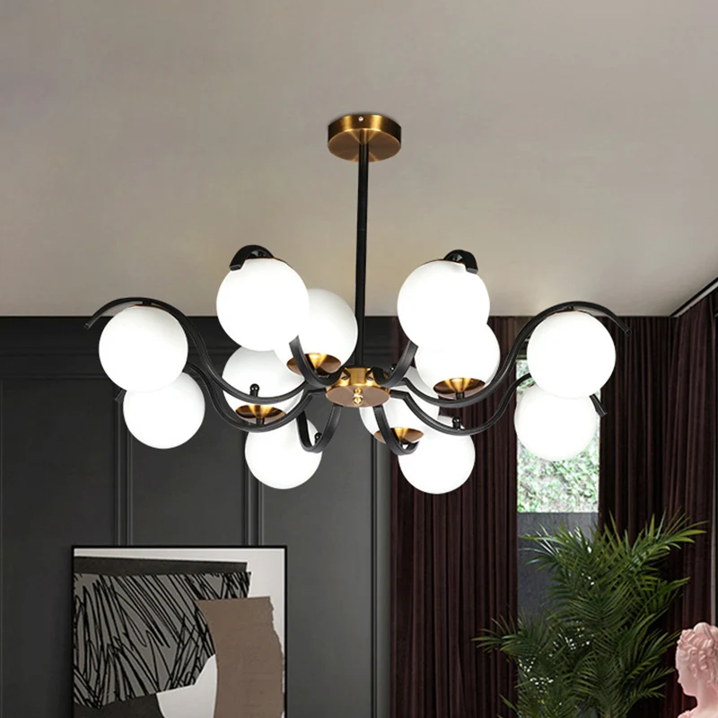 Minimalistische Globe Down Lighting melkachtig glas 12 lampen woonkamer hangende kroonluchter zwart Clearhalo