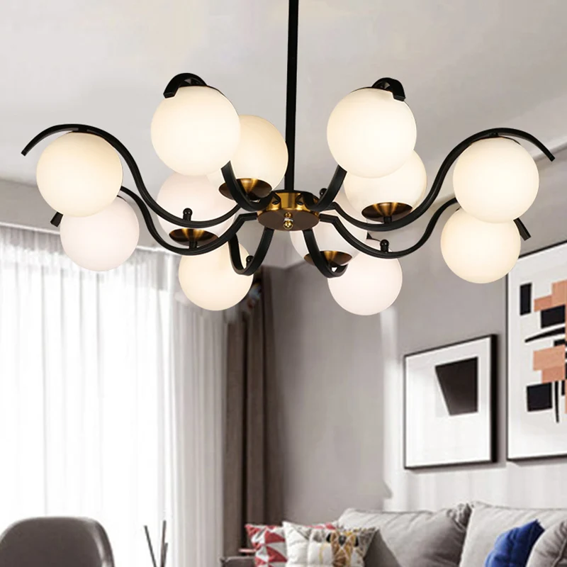 Minimalistische Globe Down Lighting melkachtig glas 12 lampen woonkamer hangende kroonluchter zwart Clearhalo