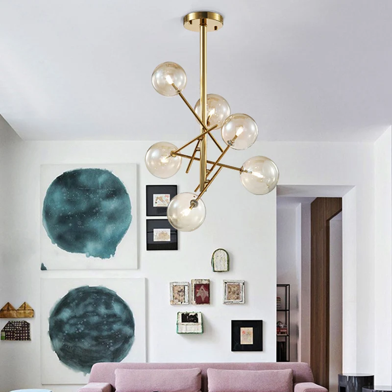 Minimalistische Globe semi-inbouwlamp cognacglas 6-lichts slaapkamer semi-inbouwmontage messing Clearhalo