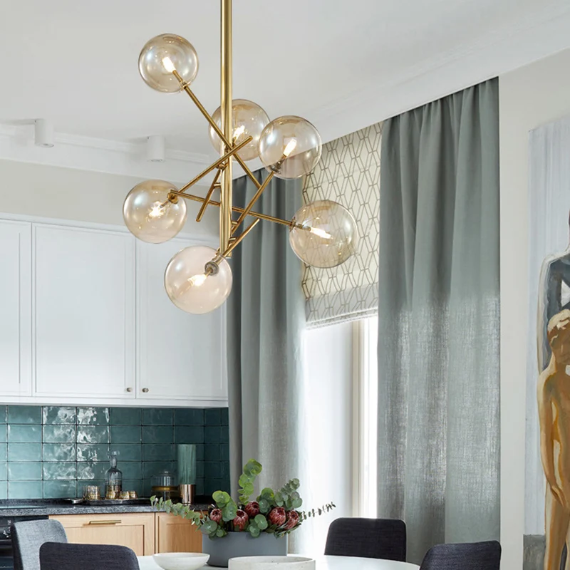 Minimalistische Globe semi-inbouwlamp cognacglas 6-lichts slaapkamer semi-inbouwmontage messing Clearhalo