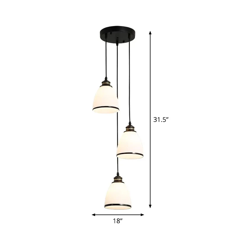 Minimalistische klokkenhanger, 3-lichts hanglamp van ivoorkleurig glas met ronde/lineaire luifel zwart Clearhalo