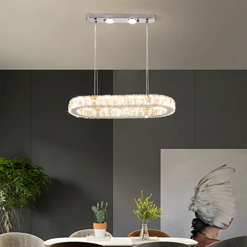 Minimalistische langwerpige LED-hanglamp Kristallen eetkamerkroonluchter chroom Clearhalo