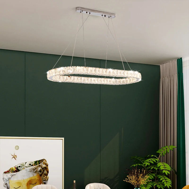 Minimalistische langwerpige LED-hanglamp Kristallen eetkamerkroonluchter chroom Clearhalo
