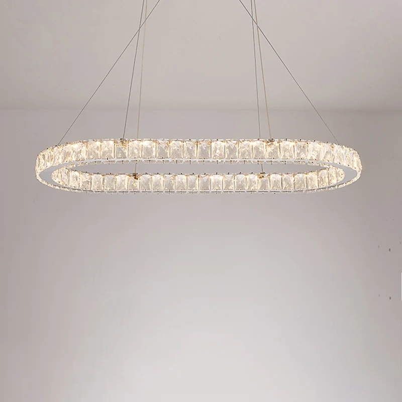 Minimalistische langwerpige LED-hanglamp Kristallen eetkamerkroonluchter chroom Clearhalo