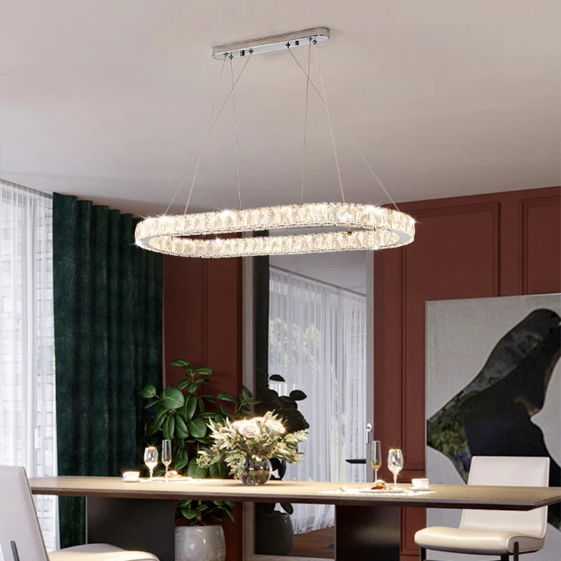 Minimalistische langwerpige LED-hanglamp Kristallen eetkamerkroonluchter chroom Clearhalo