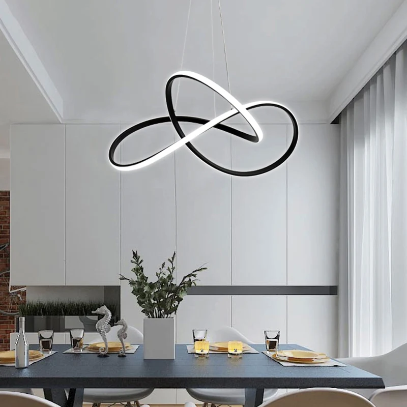 Minimalistische LED-kroonluchterlamp, zwarte curve-hanglamp met acrylkap Clearhalo