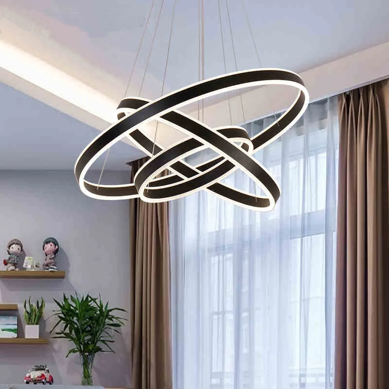 Minimalistische LED-plafondhanglamp Zwart/Goud/Koffie 3-laags cirkelkroonluchter met acrylkap Clearhalo
