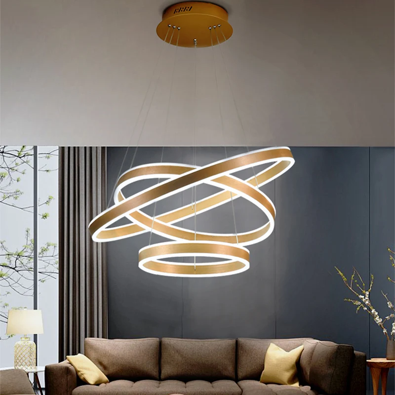Minimalistische LED-plafondhanglamp Zwart/Goud/Koffie 3-laags cirkelkroonluchter met acrylkap Clearhalo