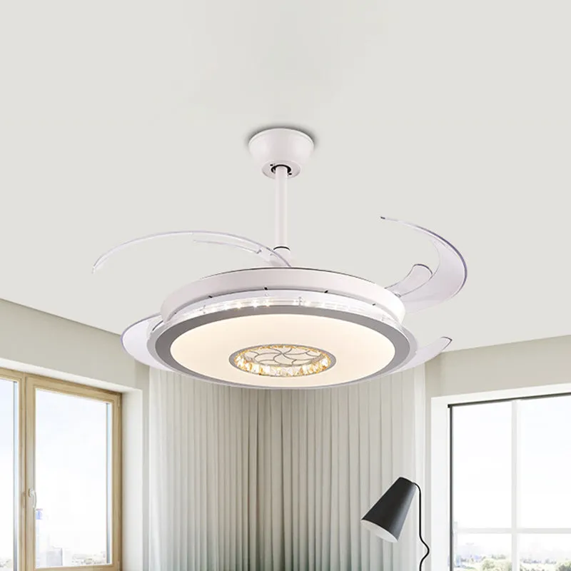 Minimalistische ronde LED-plafondventilator, 47 inch brede 4-bladige kristallen semi-gemonteerde verlichting wit Clearhalo