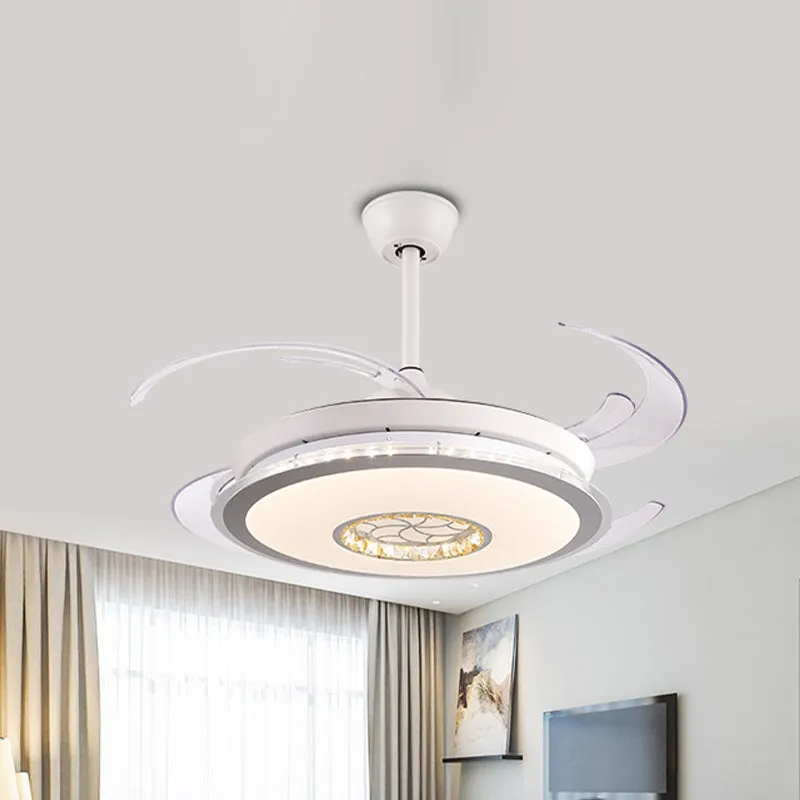 Minimalistische ronde LED-plafondventilator, 47 inch brede 4-bladige kristallen semi-gemonteerde verlichting wit Clearhalo