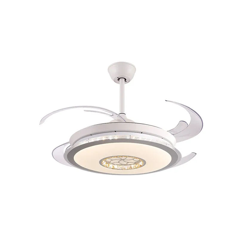 Minimalistische ronde LED-plafondventilator, 47 inch brede 4-bladige kristallen semi-gemonteerde verlichting wit Clearhalo
