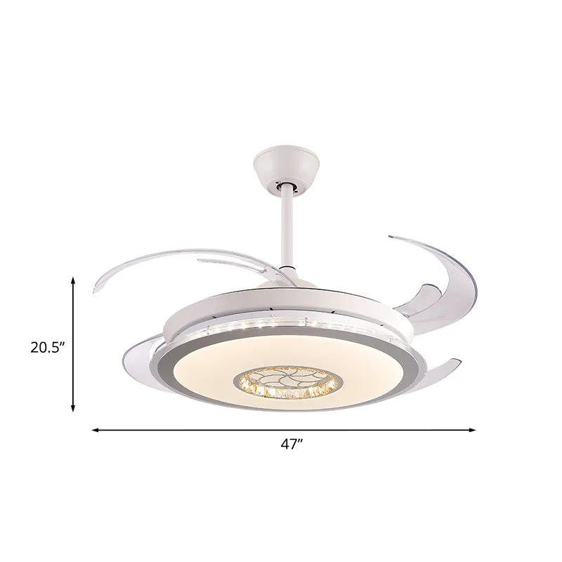 Minimalistische ronde LED-plafondventilator, 47 inch brede 4-bladige kristallen semi-gemonteerde verlichting wit Clearhalo