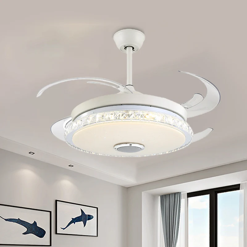 Minimalistische ronde LED-plafondventilator Prismatisch kristalwit semi-inbouwlicht voor slaapkamer Clearhalo