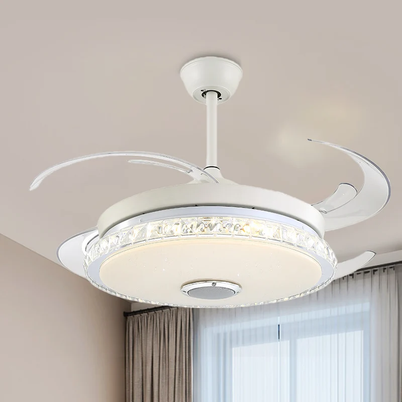 Minimalistische ronde LED-plafondventilator Prismatisch kristalwit semi-inbouwlicht voor slaapkamer Clearhalo