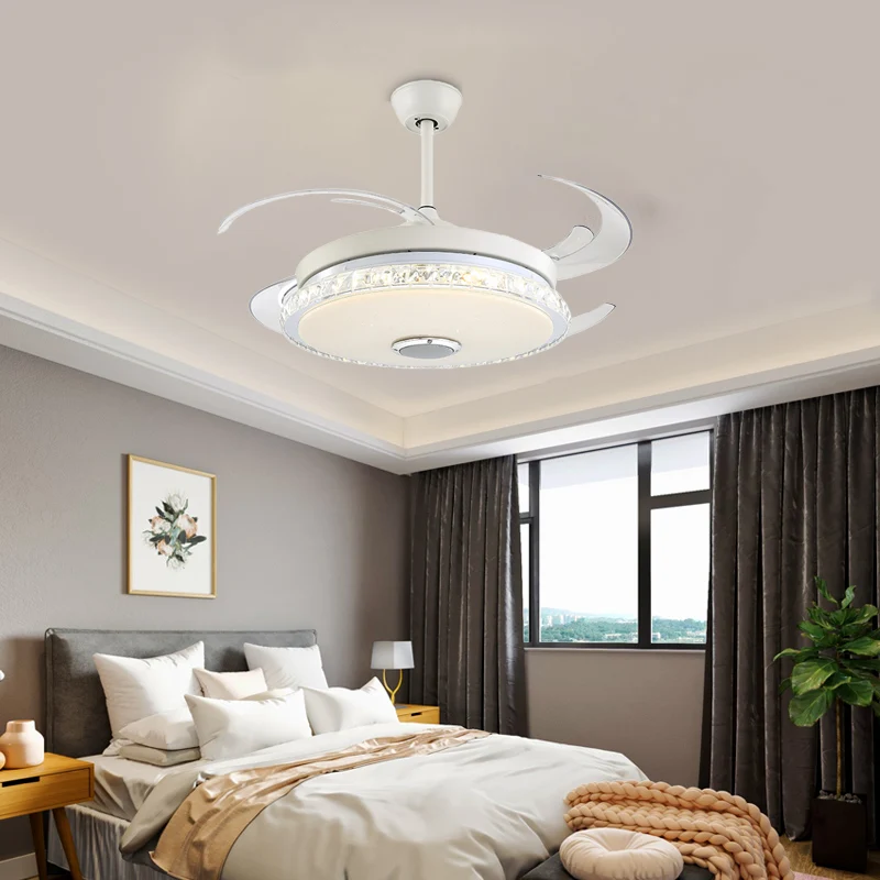 Minimalistische ronde LED-plafondventilator Prismatisch kristalwit semi-inbouwlicht voor slaapkamer Clearhalo