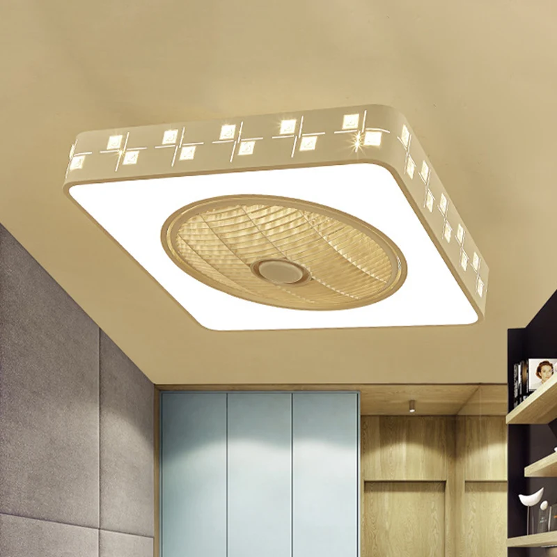 Minimalistische vierkante hangende ventilatorverlichting 21,5" W LED metalen semi-inbouwlamp wit met 3 bladen Clearhalo
