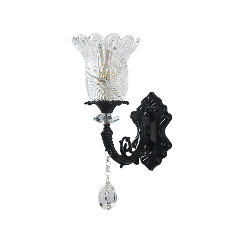 Minimalistische wandverlichting met 1/2 lamp en lampenkap van helder kristalglas, wandlamp met zwarte bloem Clearhalo