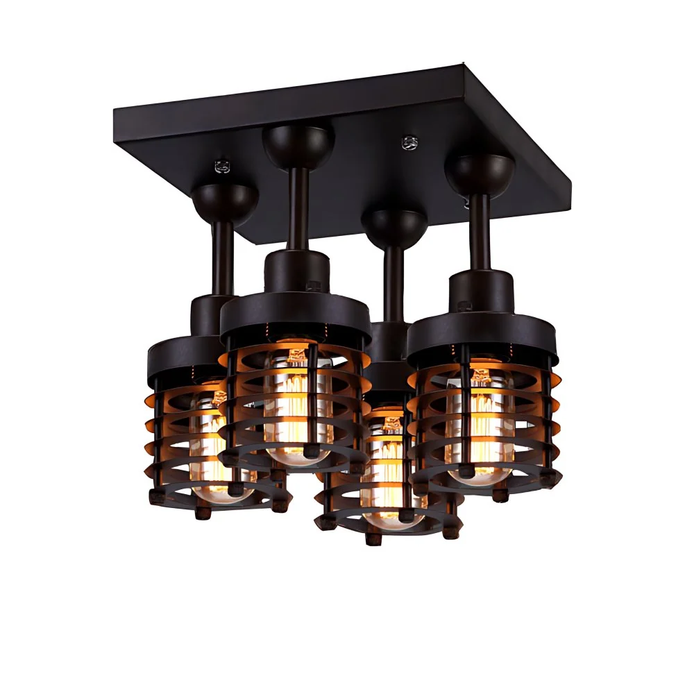 Mini-plafondlamp met zwarte afwerking, industriële ijzeren slaapkamer, semi-inbouwverlichting met 4 koppen en vierkante lu...