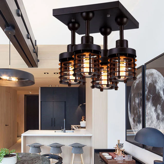Mini-plafondlamp met zwarte afwerking, industriële ijzeren slaapkamer, semi-inbouwverlichting met 4 koppen en vierkante lu...