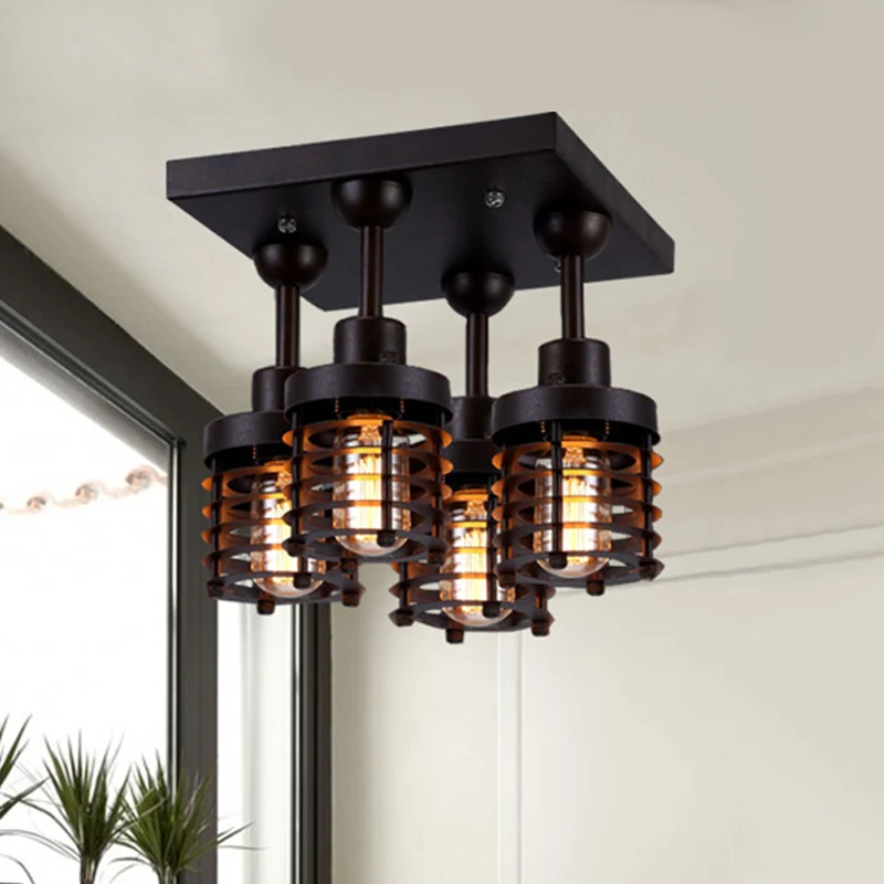 Mini-plafondlamp met zwarte afwerking, industriële ijzeren slaapkamer, semi-inbouwverlichting met 4 koppen en vierkante lu...