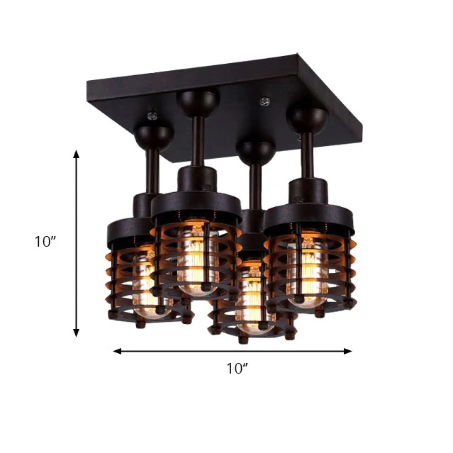 Mini-plafondlamp met zwarte afwerking, industriële ijzeren slaapkamer, semi-inbouwverlichting met 4 koppen en vierkante lu...