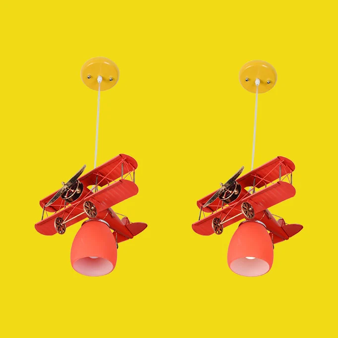 Modern eigentijds gevechtsvliegtuig kroonluchter metalen hanglamp voor kinderslaapkamer, blauw/rood/geel Clearhalo