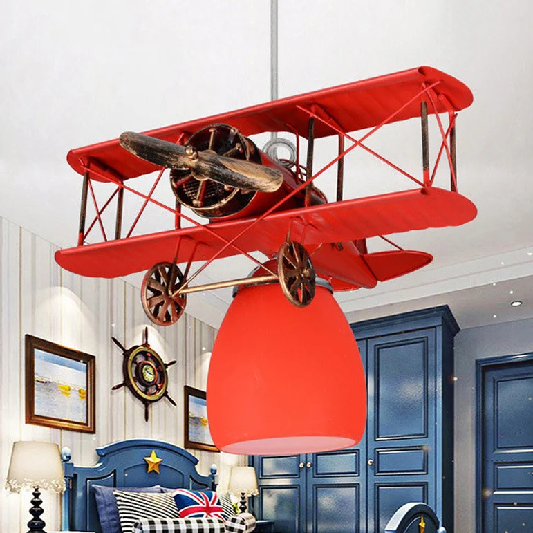 Modern eigentijds gevechtsvliegtuig kroonluchter metalen hanglamp voor kinderslaapkamer, blauw/rood/geel Clearhalo